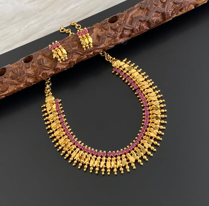 Gold tone AD ruby stone elakka thali choker necklace set dj-55024
