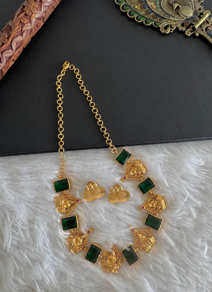 Gold tone pink-green big block stone Lakshmi necklace set dj-52093