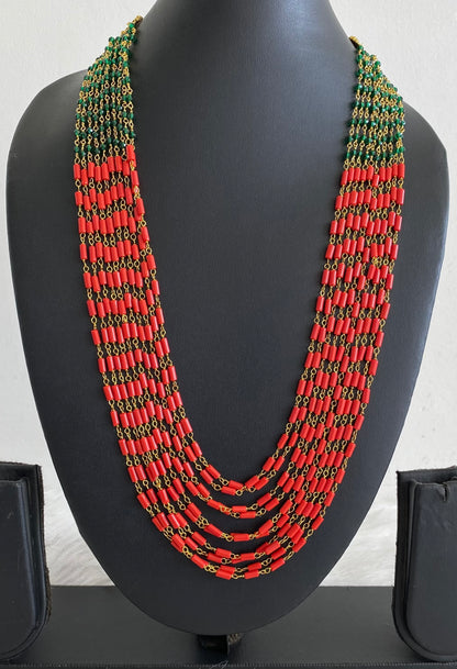Antique gold tone multilayer coral-green beaded necklace dj-54982