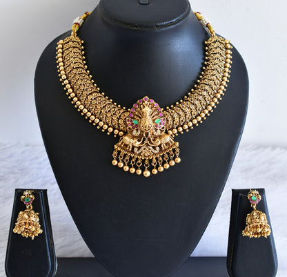 Antique gold tone pink-green-white elephant necklace set dj-53011