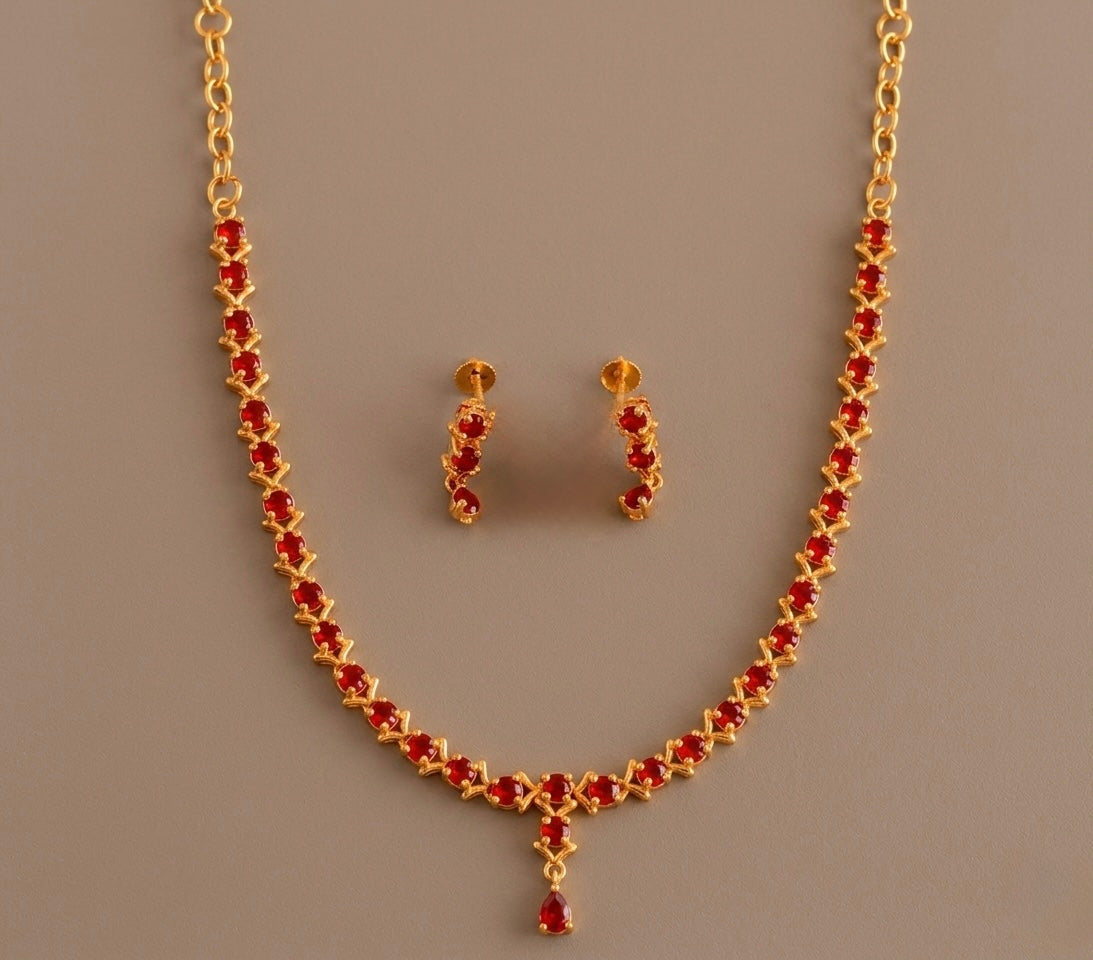 Gold tone AD red necklace set dj-53305