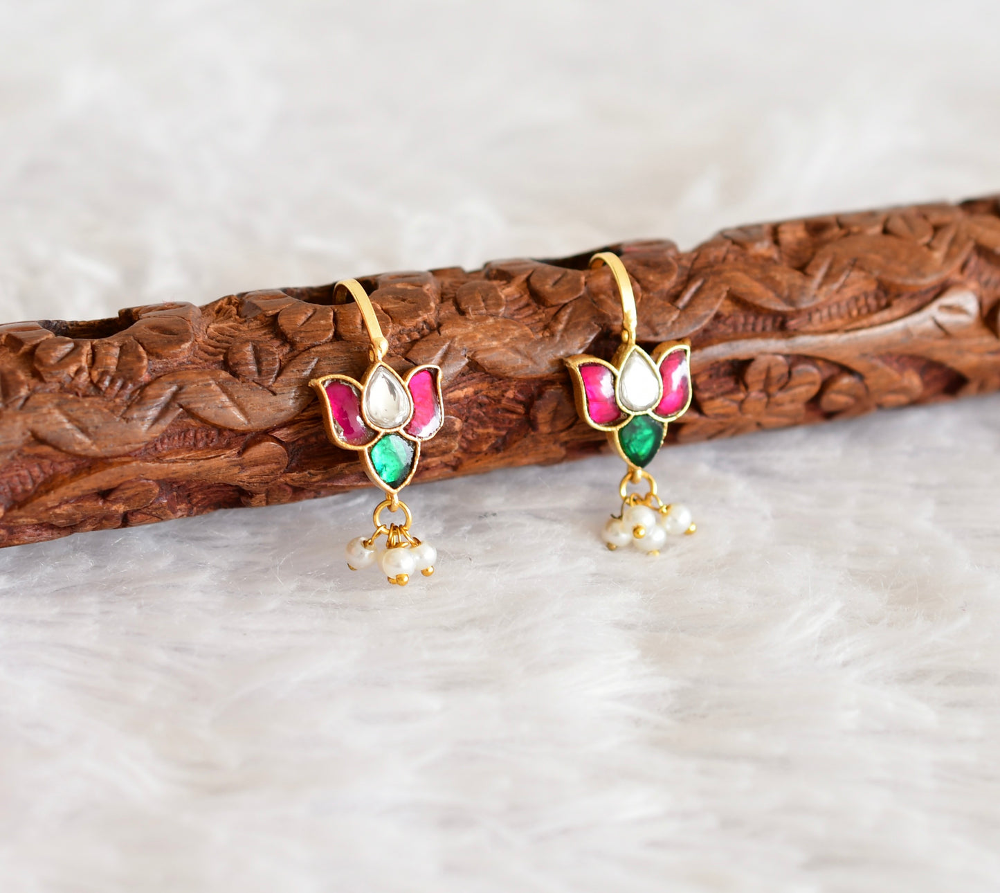 Gold tone pink-green kundan jadau lotus bugadi earrings dj-52470