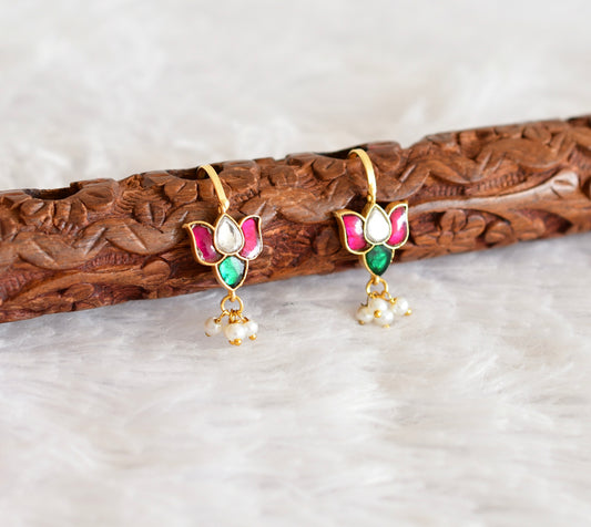 Gold tone pink-green kundan jadau lotus bugadi earrings dj-52470