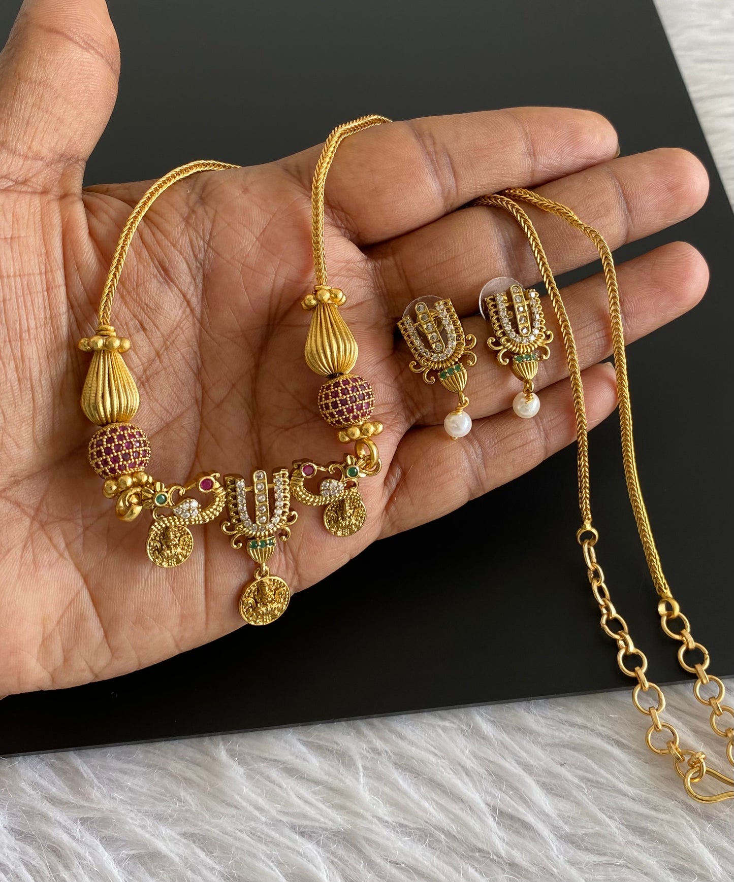 Matte finish pink-green-white thirumal nama beaded chain set dj-54011