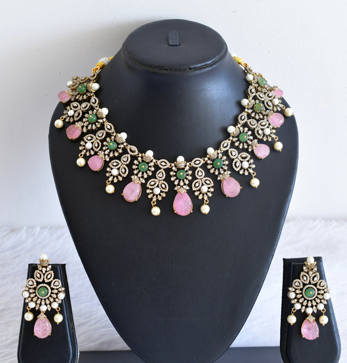 Antique gold tone cz pearl baby pink beaded necklace set dj-53014
