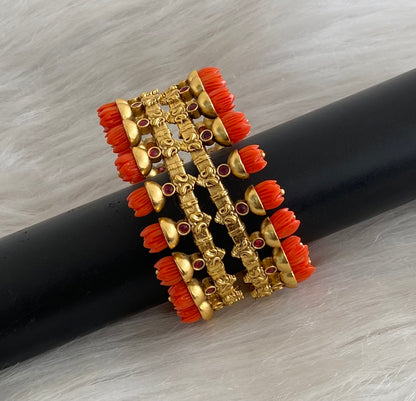 Antique gold tone coral red tulip beaded bangles fits(2.8 for 2.10) dj-55155