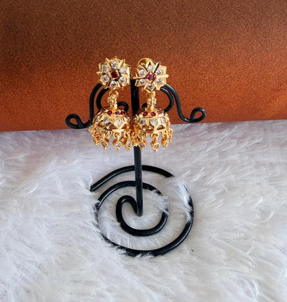 Gold tone AD pink-white south Indian flower jhumkka dj-53270