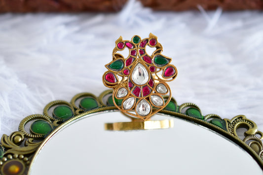 Gold tone pink-green-pearl kundan jadau peacock finger ring dj-52368