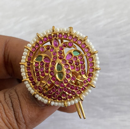 Antique gold tone pink-green pearl peacock round hair jewel (rakodi) dj-53636