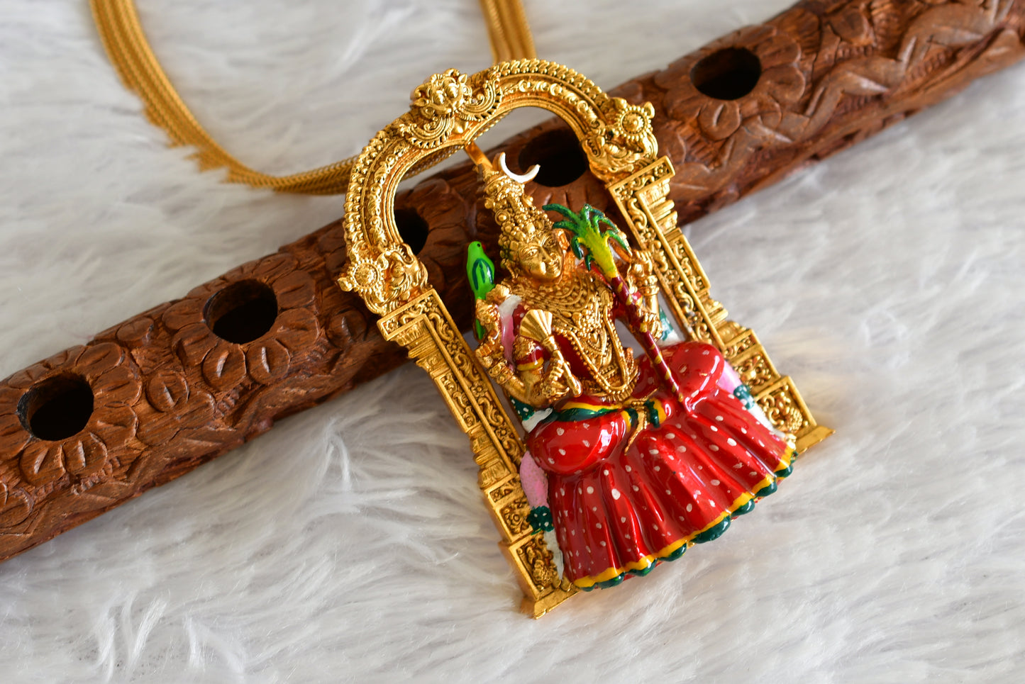 Matte-finish Red-green Meenakari big Ma Kamakshi pendant necklace dj-51815