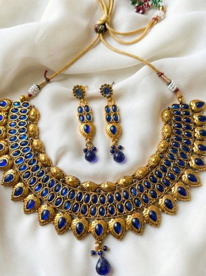 Antique gold tone Royal Blue Necklace Set-dj04162