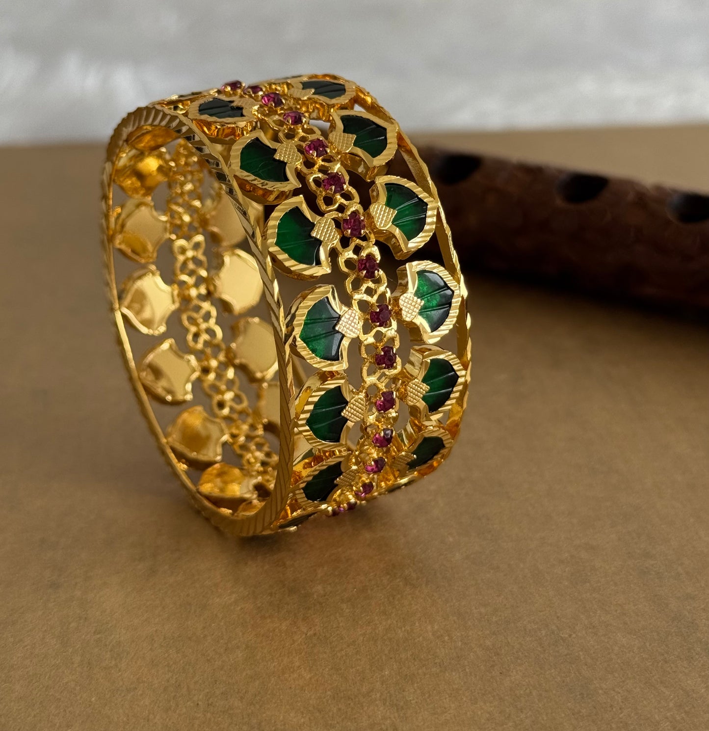 Gold tone Pink-green double row Palakka Bangle(2.6) Dj-51745