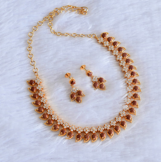 Gold tone white stone brown mango necklace set dj-53039