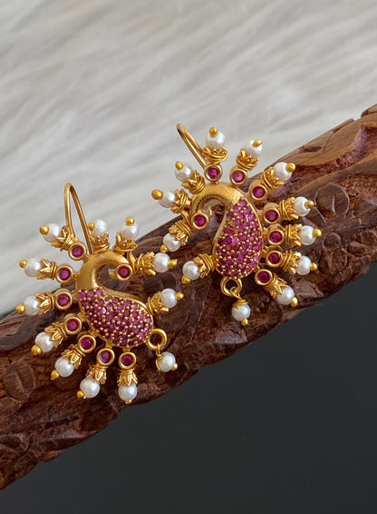 Matte gold pink stone pearl peacock bugadi earrings dj-53667