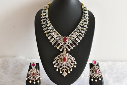 Two tone ruby-white bridal big necklace set dj-51980