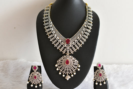 Two tone ruby-white bridal big necklace set dj-51980