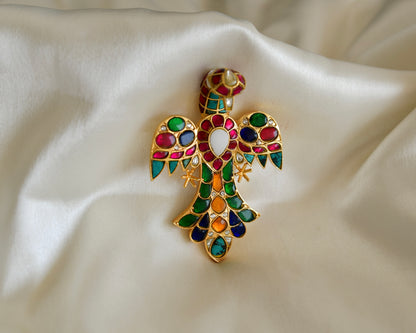 Matte finish Navarathna kundan jadau bird brooch dj-52642