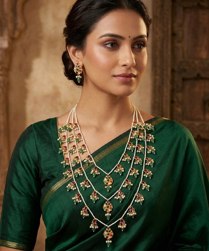 Gold tone navarathna stone green-pearl beaded step haar set dj-50577