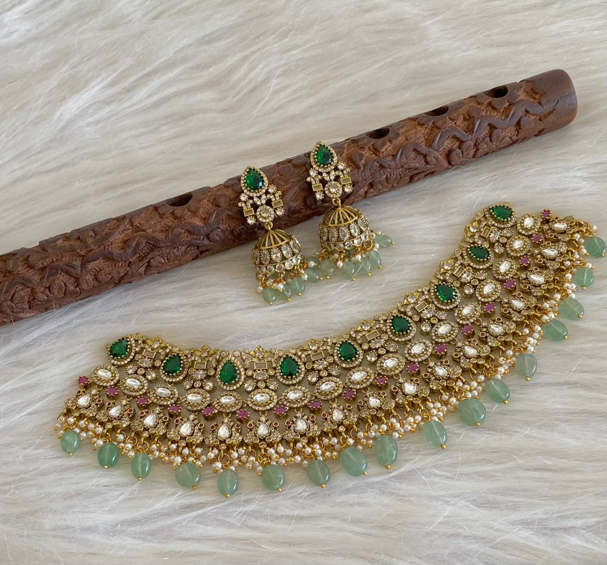 Antique gold tone peacock kundan sea green beaded choker necklace set dj-54804