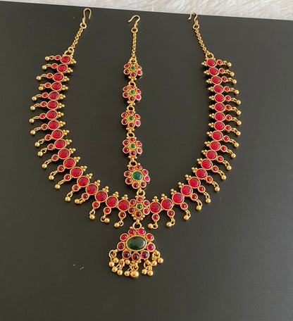 Antique gold tone kemp-green bridal maang tikka -dj13776