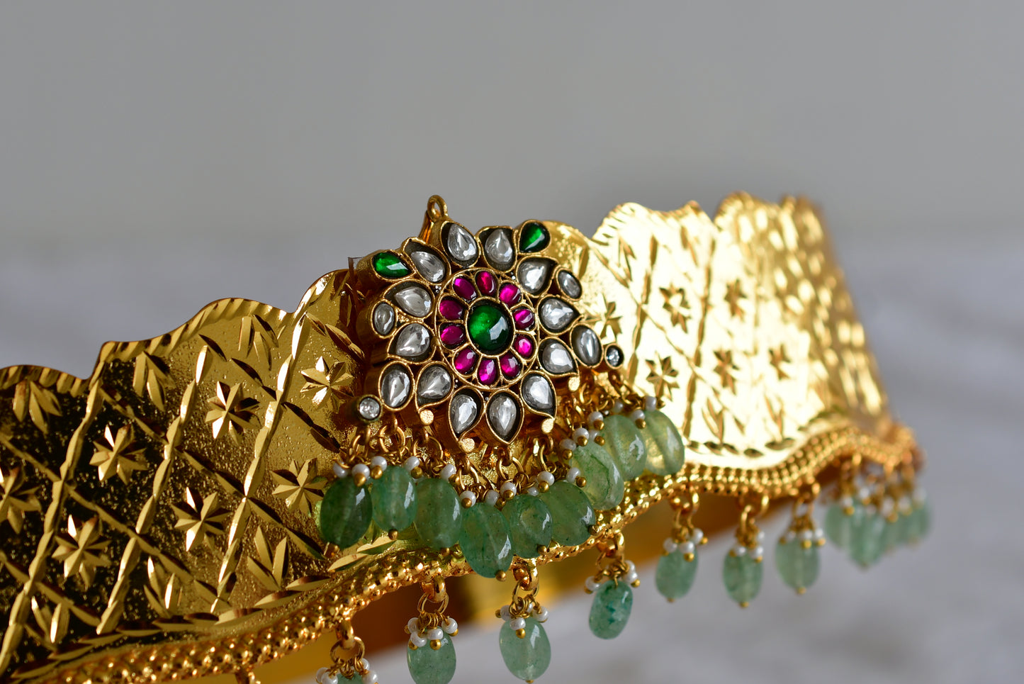 Gold tone pink-green-white kundan jadau flower waist band dj-52184