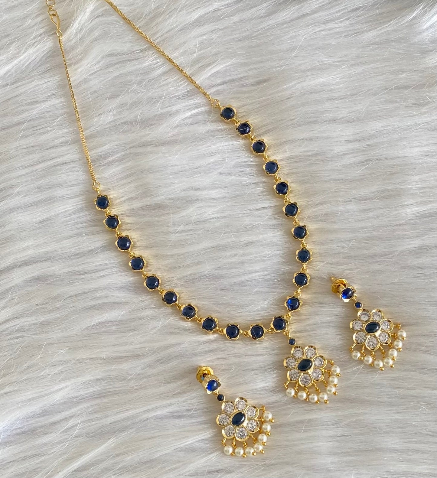 Gold tone blue-white stone pearl necklace set dj-54236