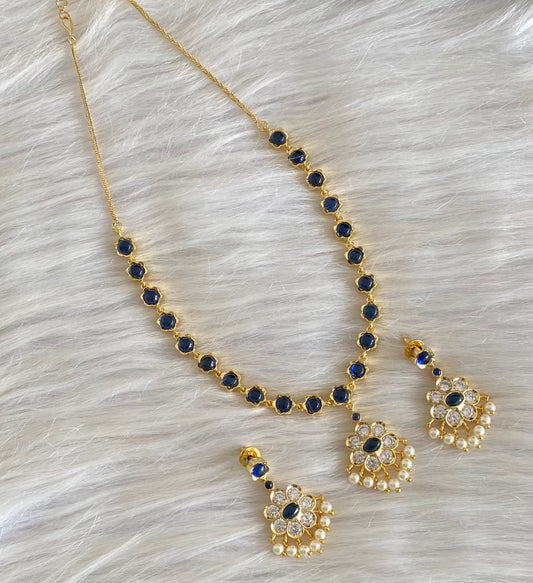 Gold tone blue-white stone pearl necklace set dj-54236