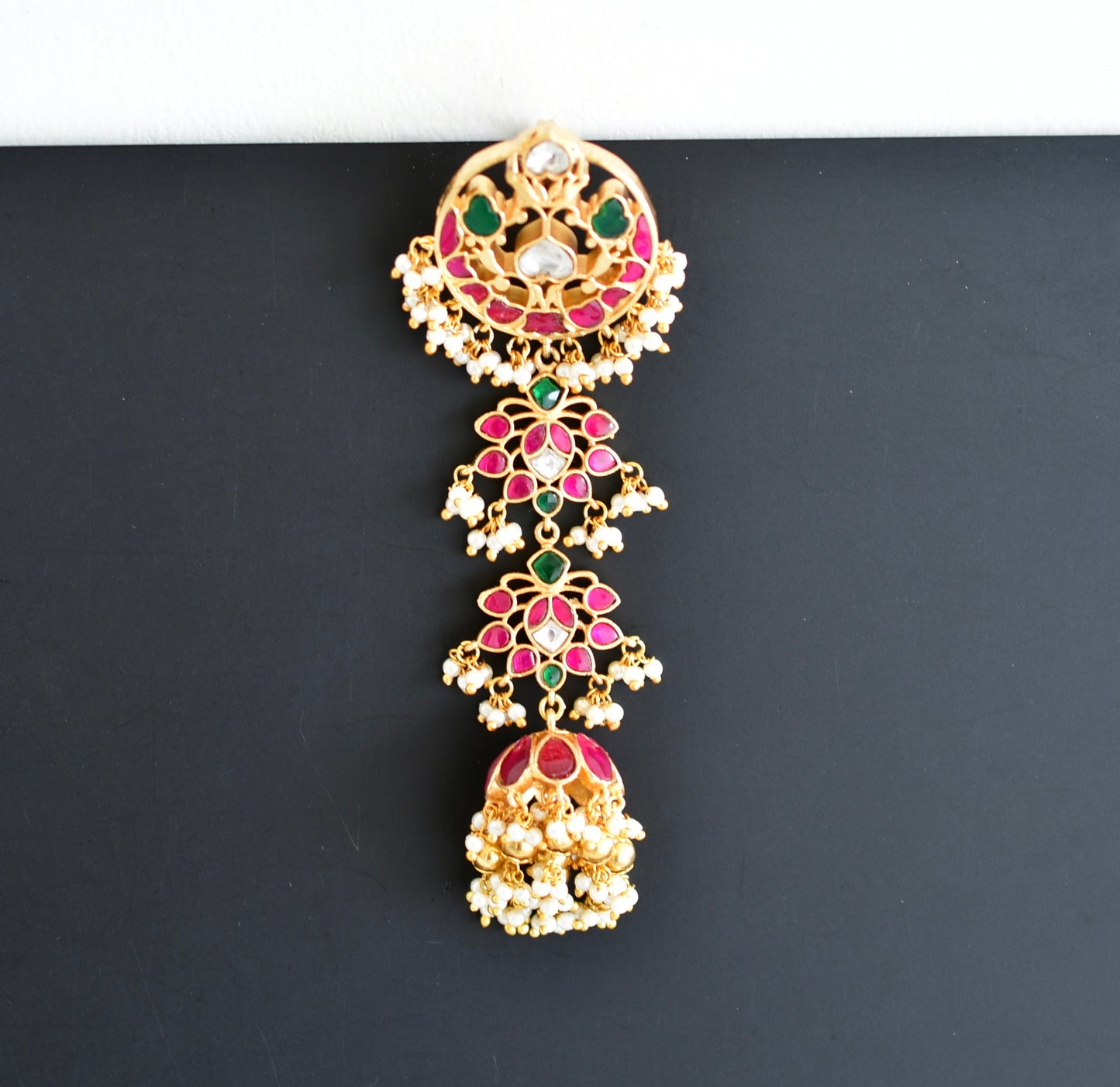 Gold tone pink-green kundan jadau floral hair jewel dj-52377