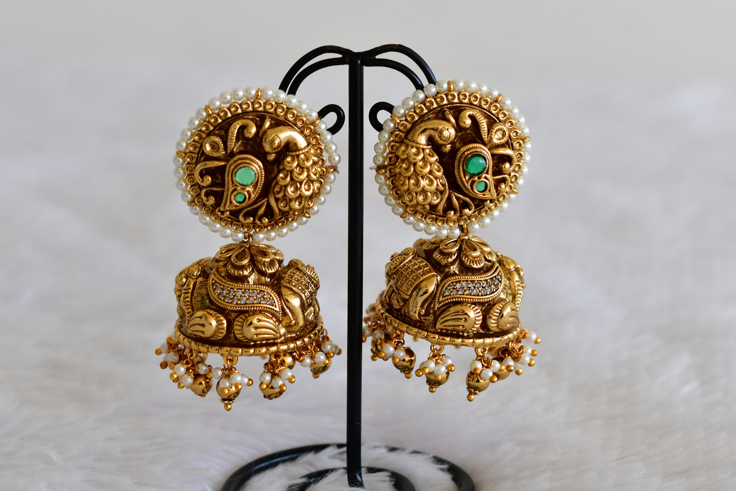 Antique gold tone cz green pearl round big nakshi jhumkka dj-52557