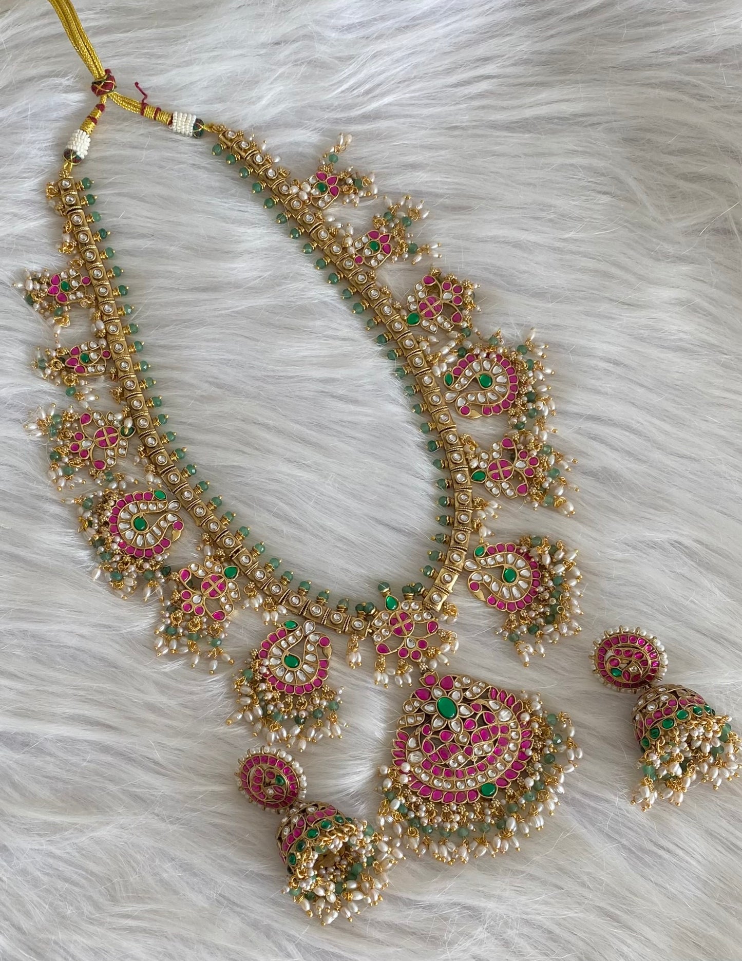 Antique gold tone peacock green beaded kundan jadau rice pearl haar set dj-54155