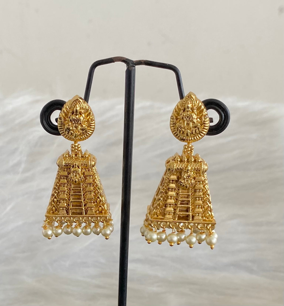 Gold tone lakshmi pearl gopuram jhumkka dj-54639