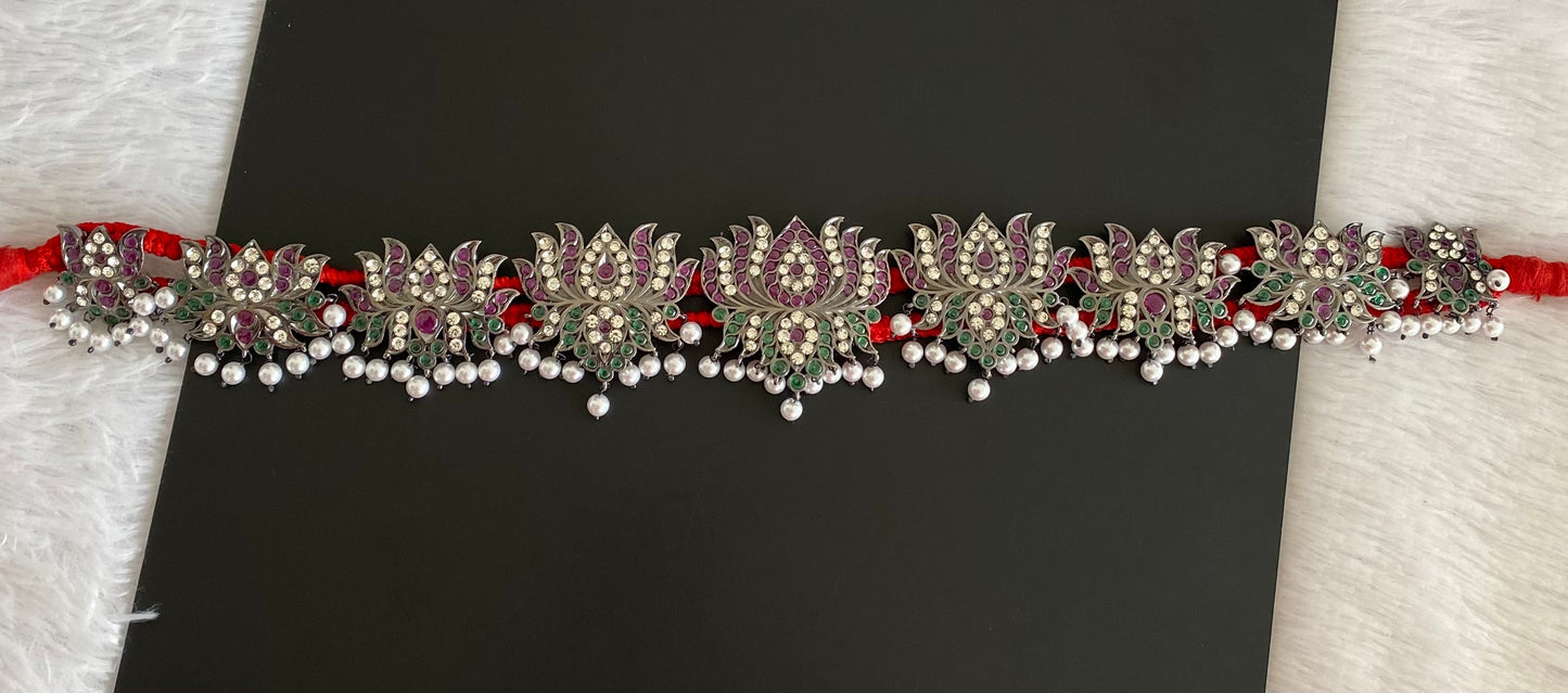 Black finish precious kemp-green-white pearl lotus waist band dj-53400