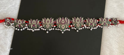 Black finish precious kemp-green-white pearl lotus waist band dj-53400