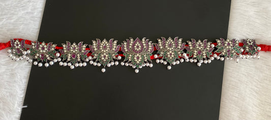 Black finish precious kemp-green-white pearl lotus waist band dj-53400