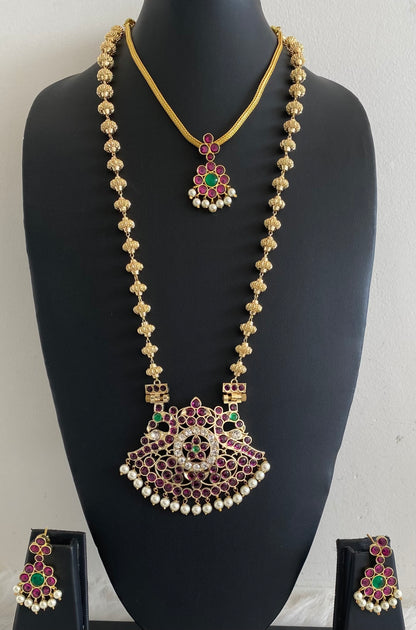 Gold tone precious kemp-green-white pearl peacock nakshi beaded combo set dj-54940