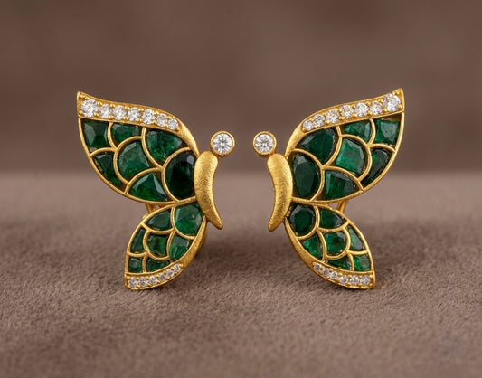 Gold tone green-white kundan jadau butterfly earrings dj-53531