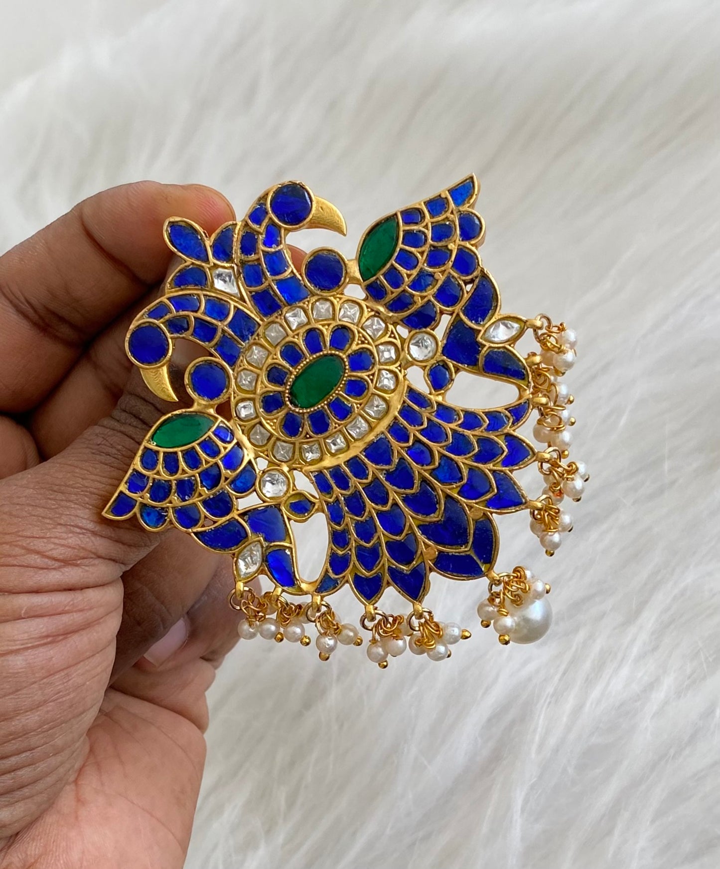 Gold tone blue-green-white pearl kundan jadau ganda berunda pendant dj-54557