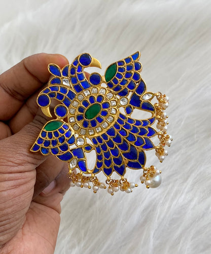 Gold tone blue-green-white pearl kundan jadau ganda berunda pendant dj-54557