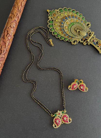 Matte finish pink-green-white kundan jadau mango 24 inches mangalsutra set dj-52235
