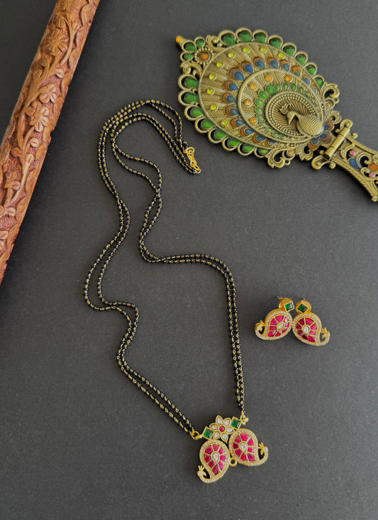 Matte finish pink-green-white kundan jadau mango 24 inches mangalsutra set dj-52235