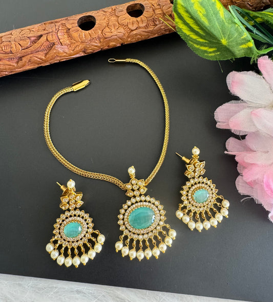 Antique gold tone cz sea green oval stone necklace set dj-51202