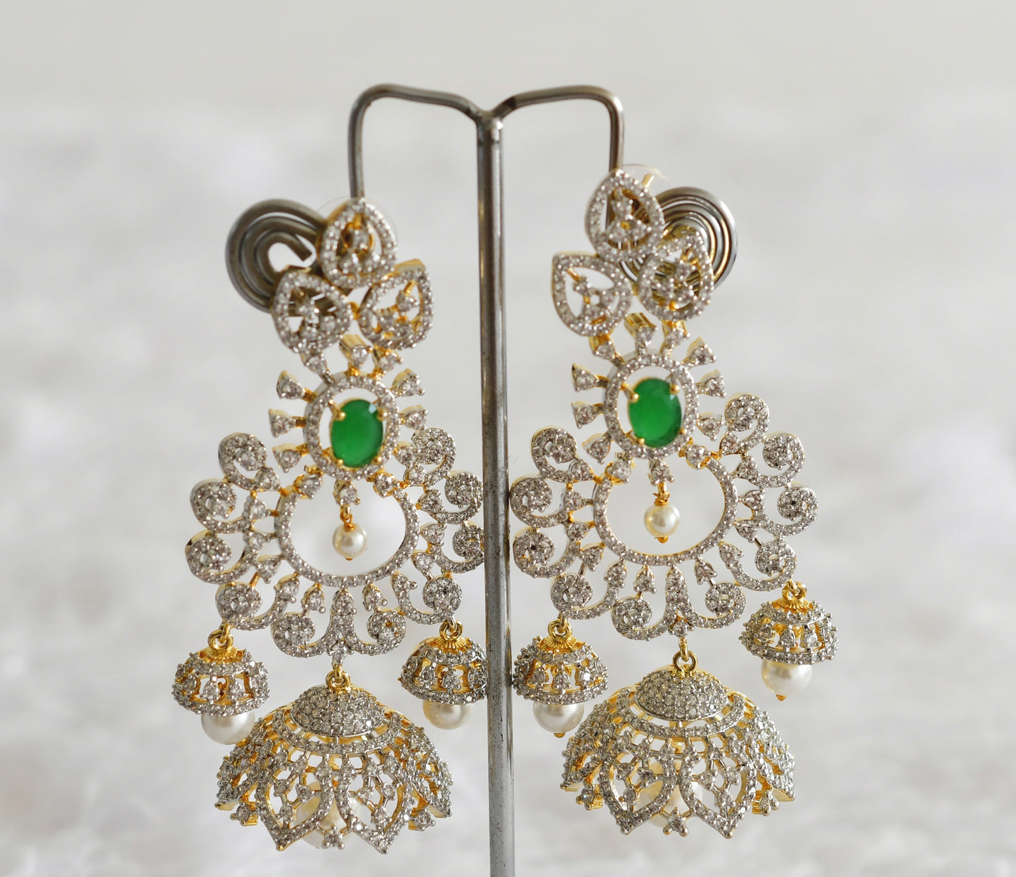 Two tone cz green pearl long bali jhumkka dj-51883