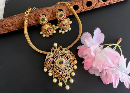 Matte finish cz ruby-green peacock necklace set dj-51227
