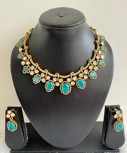 Antique gold tone cz light blue moissanite necklace set dj-51074