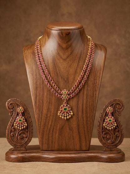 Matte finish kemp-green double layer attigai/necklace set dj-52718