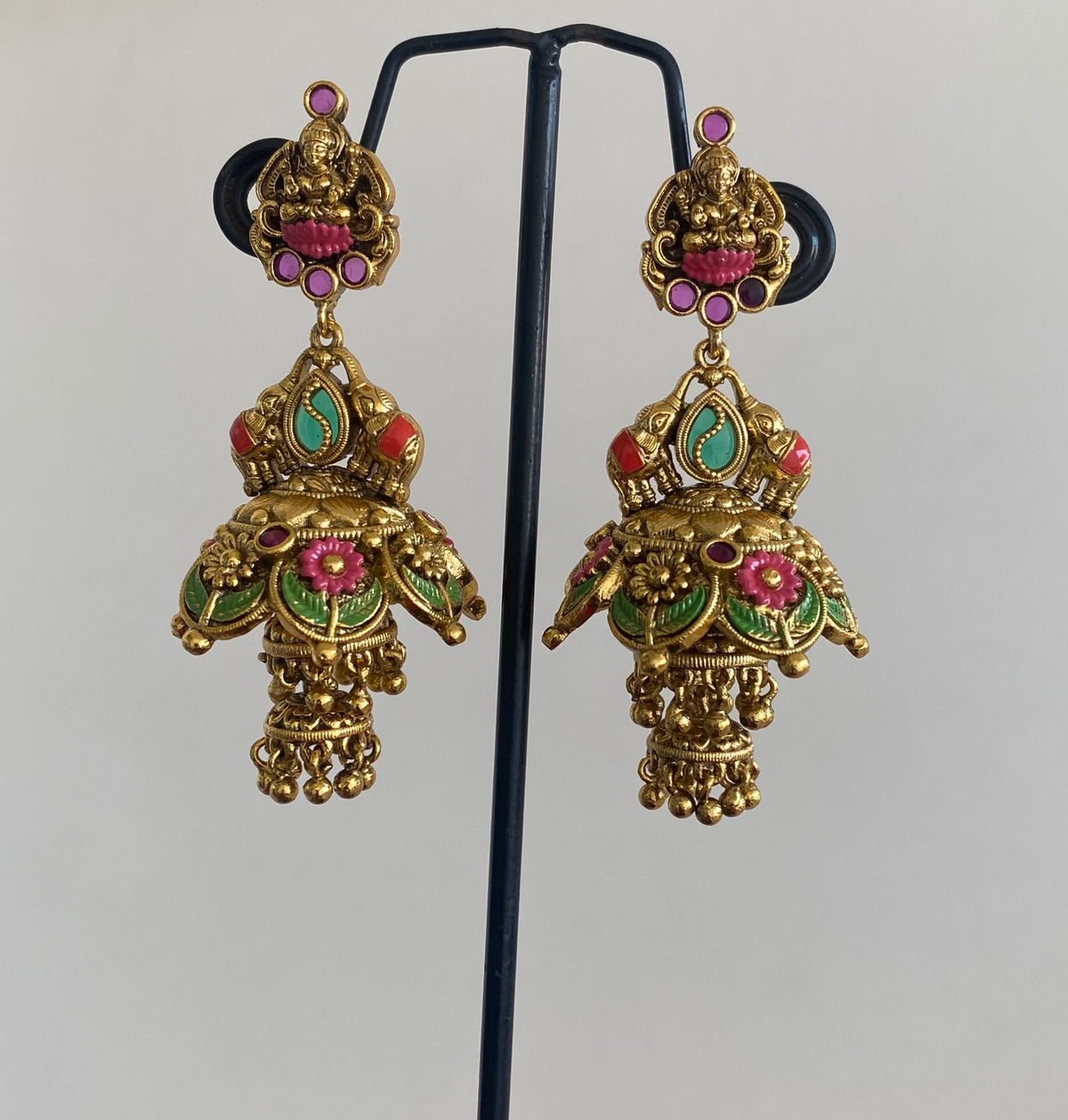 Antique gold tone meenakari gaja lakshmi step jhumkka dj-55099