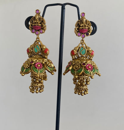 Antique gold tone meenakari gaja lakshmi step jhumkka dj-55099