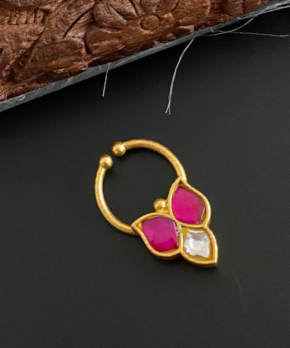 Gold tone kundan jadau pink-white stone nose pin/bulakku dj-53747