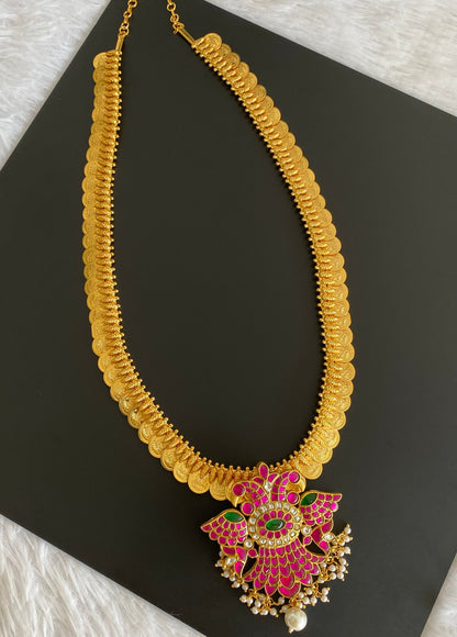 Gold tone kundan jadau ganda berunda pendant lakshmi coin haar dj-54040