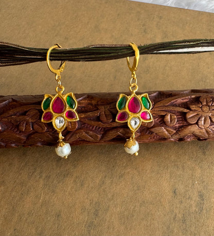Gold tone pink-green-white kundan jadau lotus hook earrings dj-51561